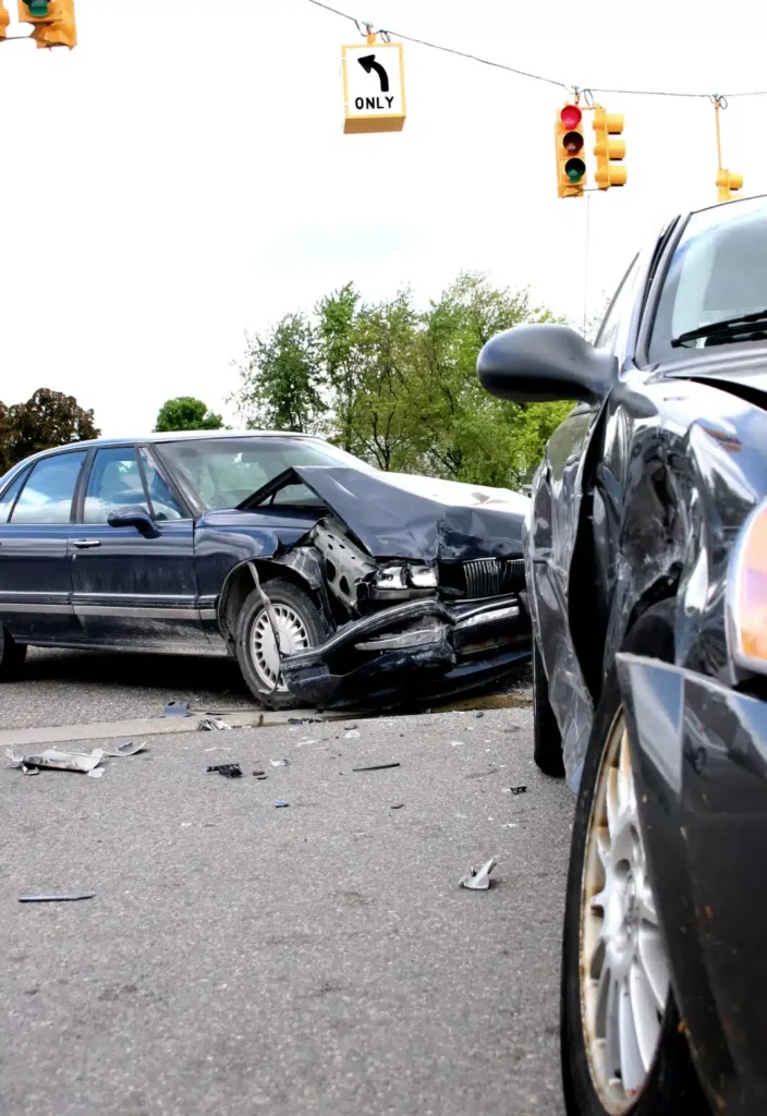 imgi_15_lawrence-car-accidents-img Two-vehicle collision at intersection with severely damaged dark sedan showing crushed front end, debris scattered on road, traffic lights visible overhead